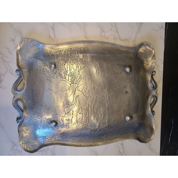 Arthur Court 1987 Aluminum Elephant Safari Serving Tray Platter Décor 18"x14" - Picture 10 of 11